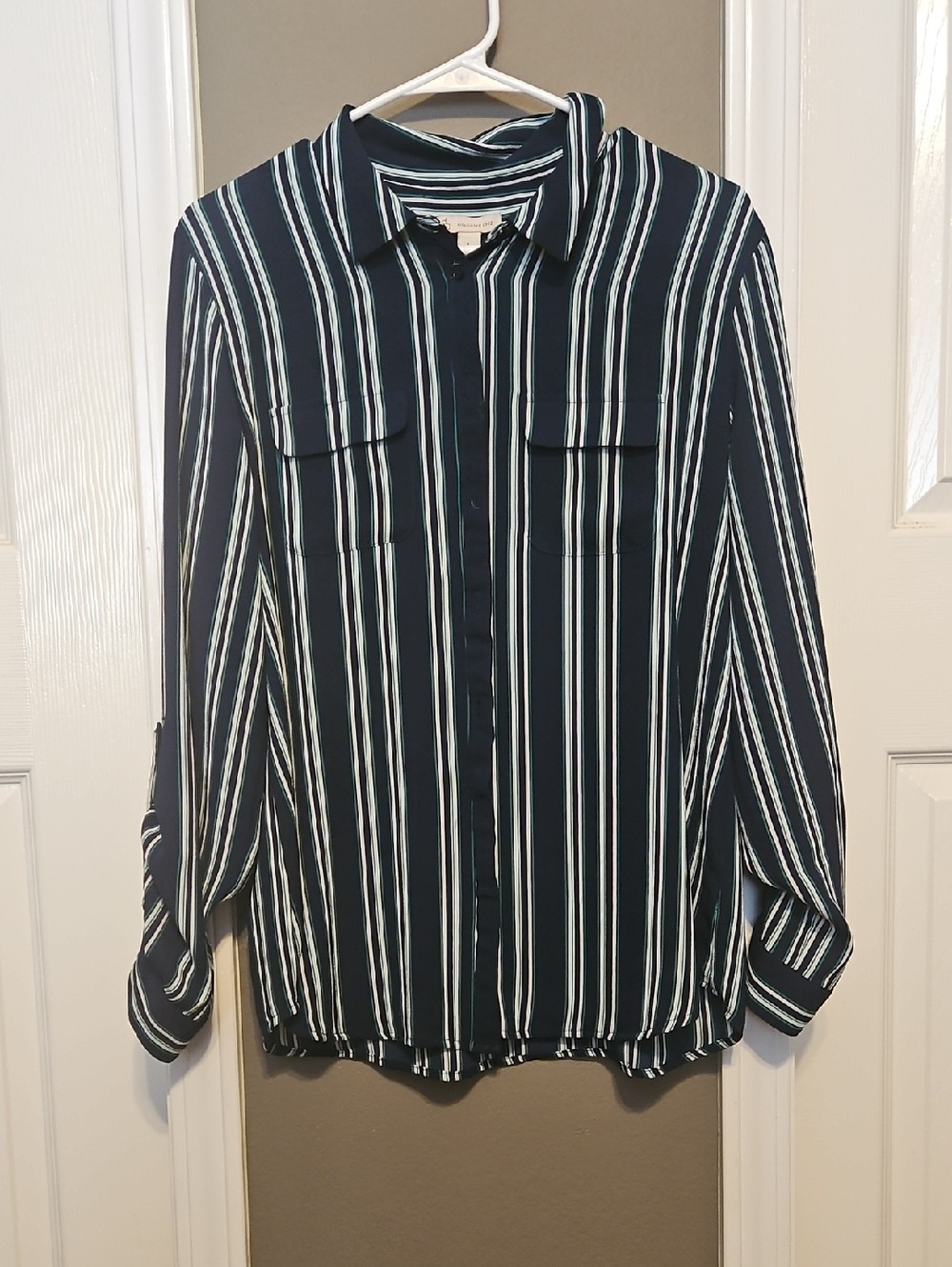 Navy and White Vertical Stripe Button-Front Blouse